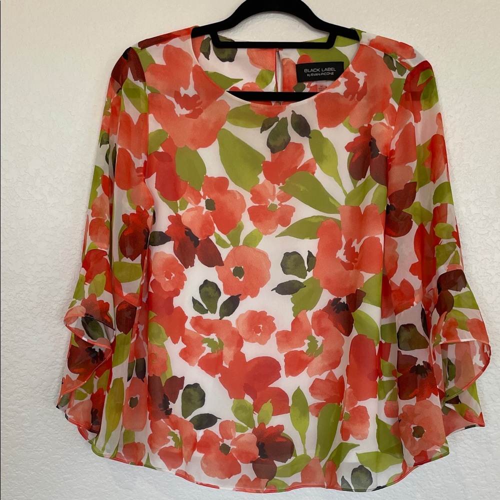 BLACK LABEL /EVAN-PICON Floral Chiffon Blouse - Coral, Orange and Green | M